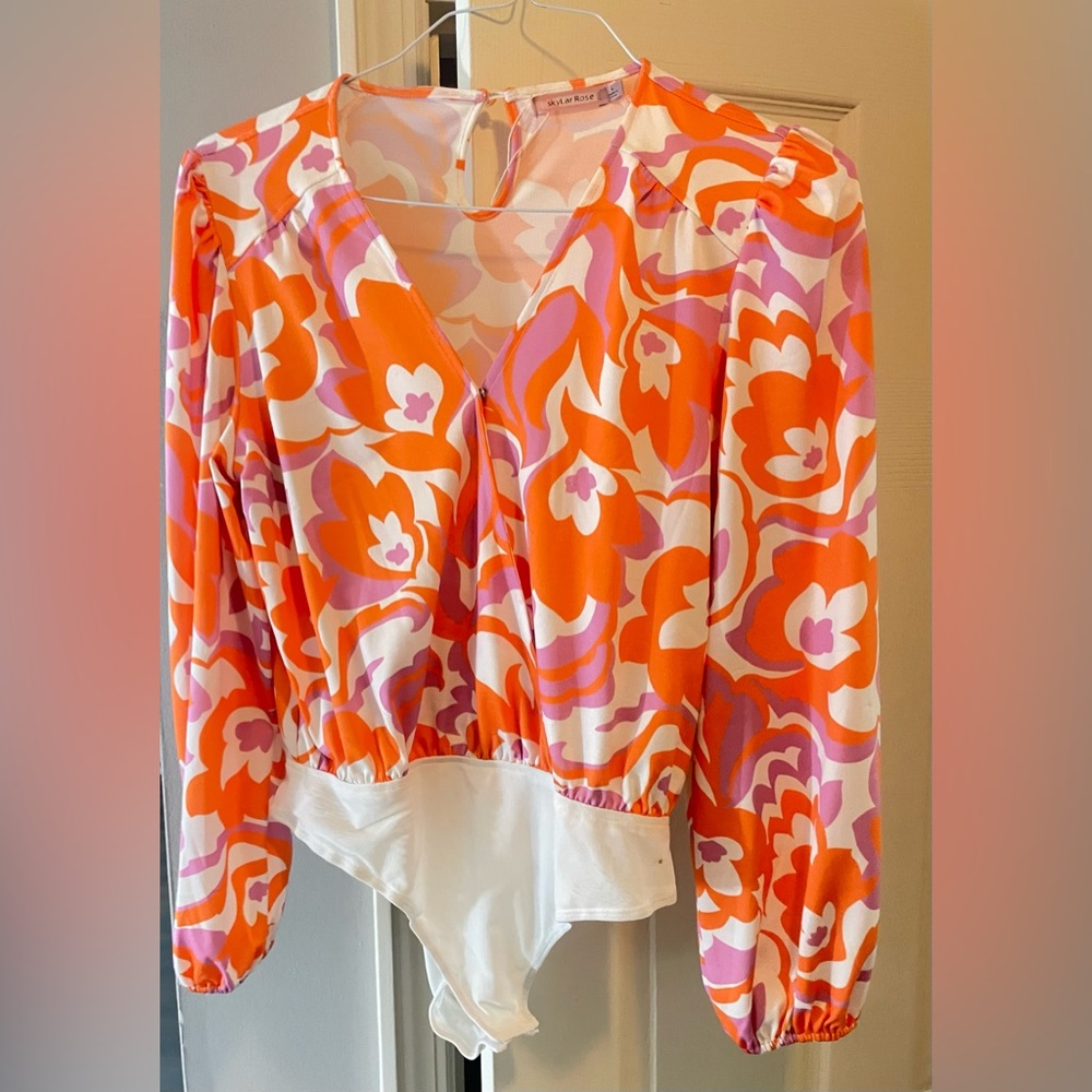 Zara Orange and White Graphic Bodysuit